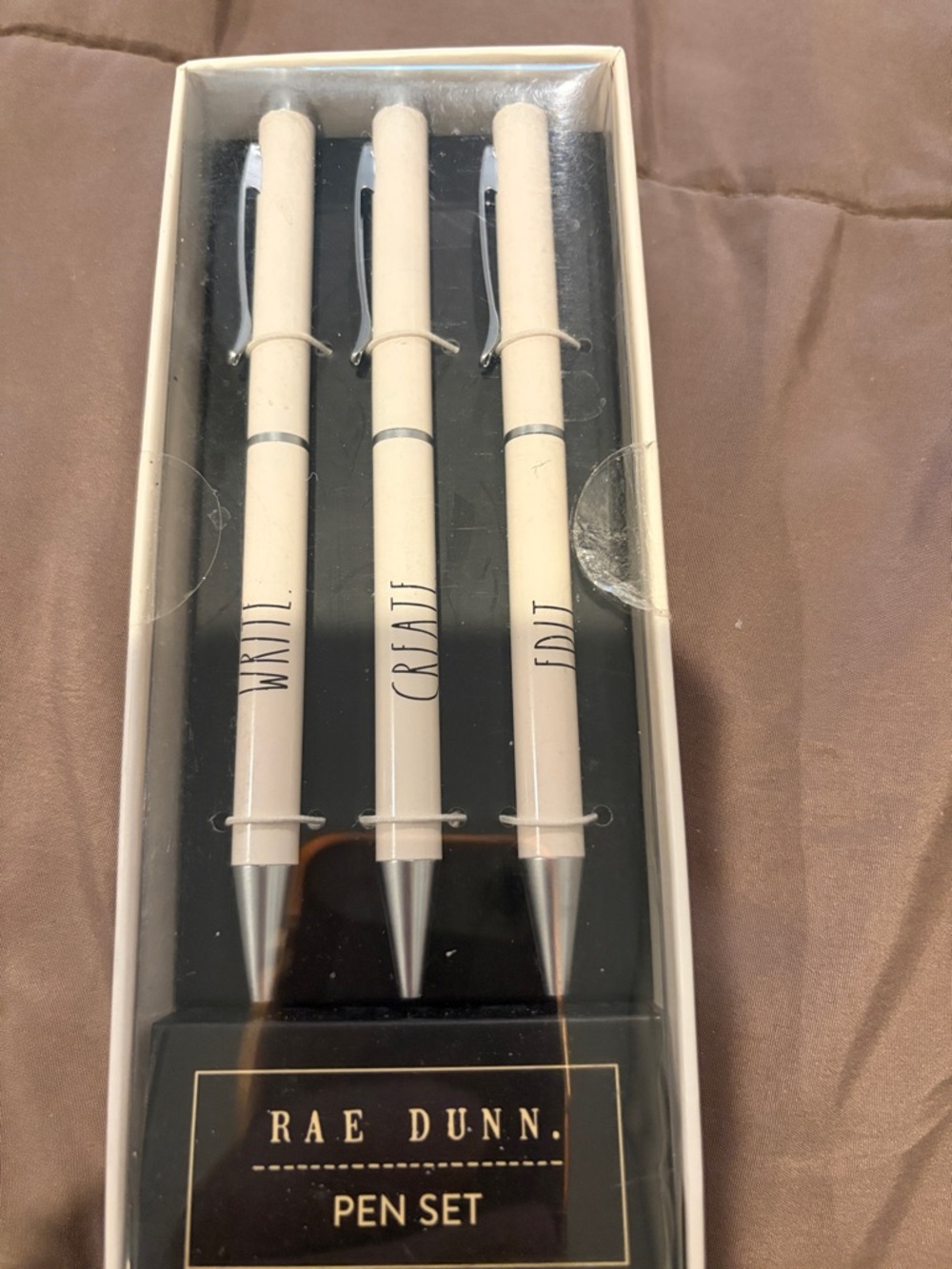 Rae Dunn Cream  3 Ballpoint Pen Set with Silver Accents black